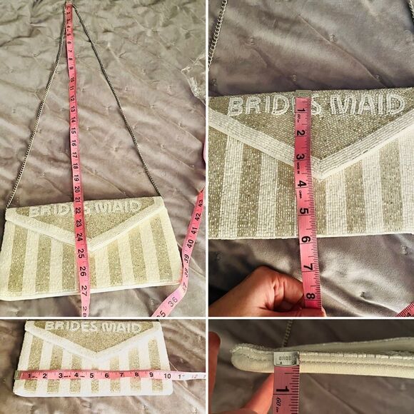 Red Dress Be My Bridesmaid White Silver Beaded Clutch Chain Crossbody OS NEW - Picture 12 of 12